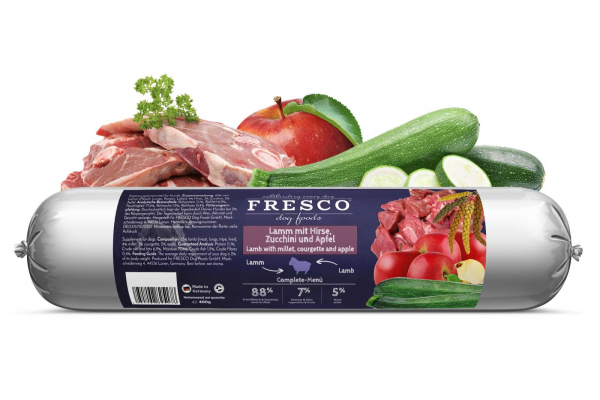 Fresco BARF Wurst Complete-Menü Lamm mit Hirse, Zucchini und Apfel 400g